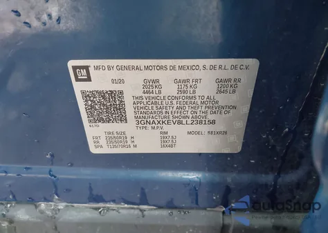 2020 Chevrolet Equinox Fwd Lt 1.5L Turbo z USA, uszkodzony, nr VIN 3GNAXKEV8LL238158